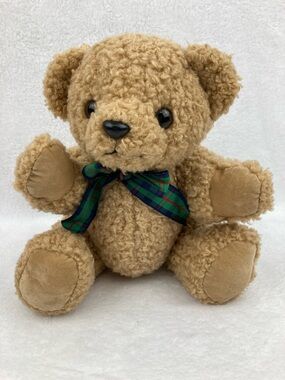 VTG Elizabeth Arden Curly Hair Teddy Bear Plaid Bow 7” Rare